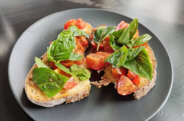 Bruschetta (Sourdough, Balcony Grown Sweet Basil, Cherry Tomatoes, Extra Virgin Olive Oil)