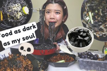 Eating only Black colored food in a day in Malaysia challenge | black cincau, squid ink pasta