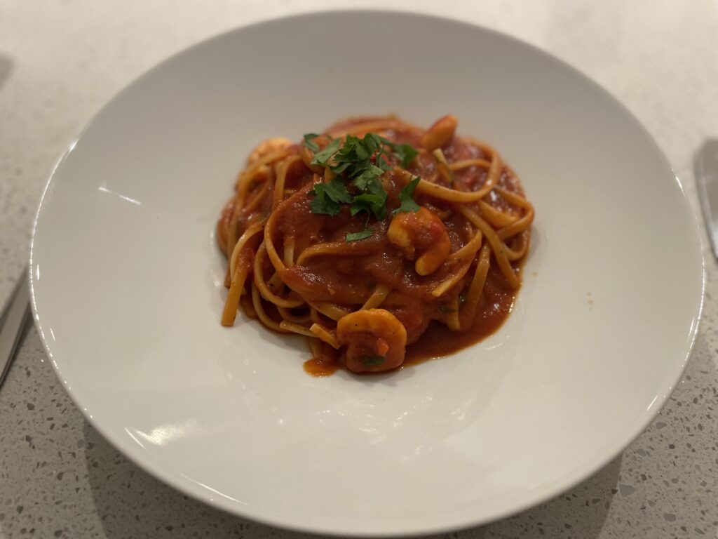 Prawn linguine in a chilli garlic tomato sauce
