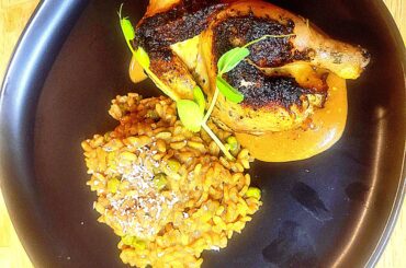 Fresh Pea Risotto with Herb Butter Seared Game Hen and Pan Sauce