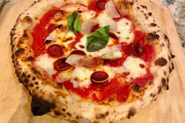 1kg 00 Caputo, 62% hydration, 30 g Sea salt, 0.5G Caputo IDY. Mix 10 min 3 slap & fold 12 min apart. Bulk ferment 24 hr. Make pizza balls 275g ea 36hr. all at 60f except bench work. I use cold water….. chorizo & wood fired vidalia onion… wood fired @ 900f