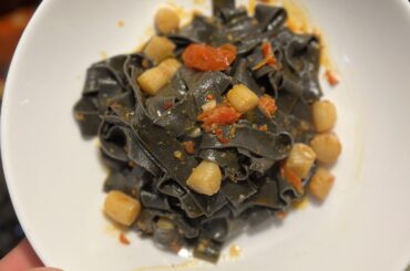 I tweaked my squid ink pasta dish a little this time. Pappardelle, scallops again, pepperoncino, tomatoes and nduja.