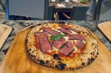 Aussie Waygu NY strip Pizza w/ Gorgonzola etc…