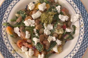 Didn't have a lot of gnocchi left that I made from scratch. So added borlotti beans, cherry tomatoes, wilted greens, crunchy red onions and with a pesto sauce made this vegetarian pasta salad. Topped with some ricotta and lemon juice it was very filling and delicious and super easy and cheap!