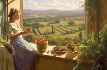 Classic Italian Music with Italian Woman Countryside Pastoral Painting Wine Grapes Midjourney Art