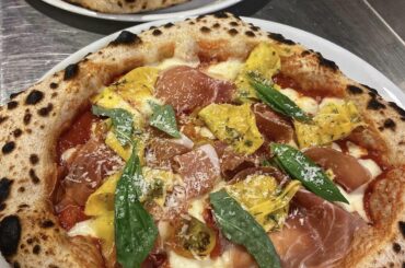 Prosciutto + pickled squash pizzas.