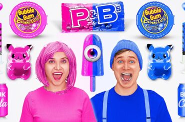 EATING ONLY 1 COLOR FOOD FOR 24 HRS CHALLENGE || Pink VS Blue Unique Sweets by 123 GO! FOOD