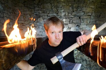 Distressing Beams in Place. Renovating a Stone Cabin.