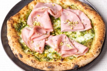 Pizza with Pistachio Pesto, Fior di Latte and Mortadella. Made with 15% Whole Wheat Poolish.