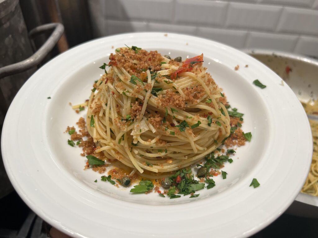 Aglio e Olio w/ bread crumbs, capers, and pepperoncini