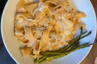 Roasted red pepper pasta (with onions and Swiss cheese)