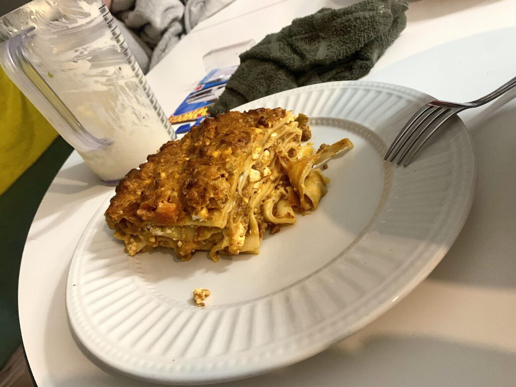 Pretty sloppy picture but here’s my first attempt at a (slightly inauthentic) authentic Bolognese lasagna, with béchamel, homemade pasta, and Marcella Hazan’s bolognese