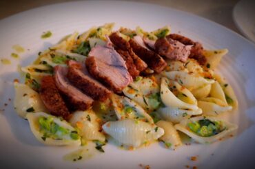 Pea, mint and Basil shells, with duck breast.