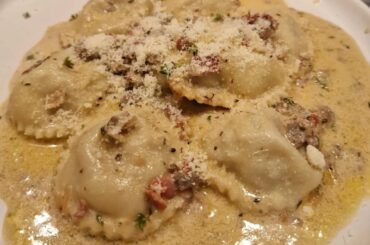 First time making ravioli! Garlic, shallots, chestnut mushrooms, thyme, pancetta, a dash of balsamic & red wine. Truffle butter sauce.