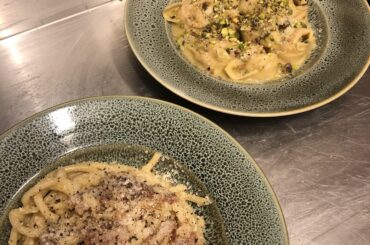 Bucatini carbonara and pistachio tortelloni from my restaurant. Mangia!