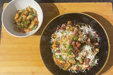 A non traditional Tagliatelle Alfredo with pancetta and chicken, and chilli lime and parsley prawns
