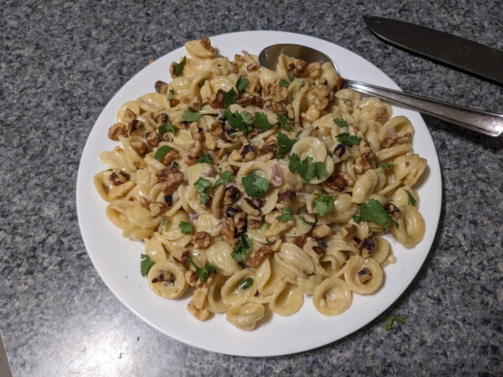 Orecchiette with roasted jalapeno gorgonzola cream sauce topped with roasted walnuts.