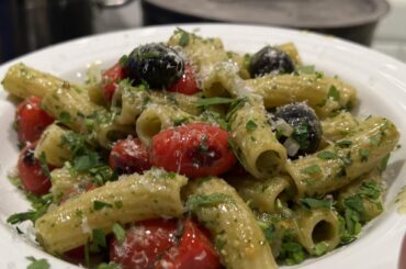 Elicoidale w/ basil pesto, olives, charred grape tomatoes and onions