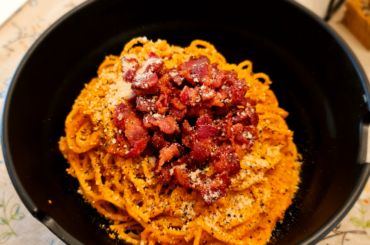 Butternut cream, lardon, spaghetti. Early fall home dish.