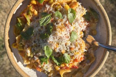 First time making pasta since I left the industry - Tagliatelle with fresh tomato sauce, padron peppers, sweet corn.