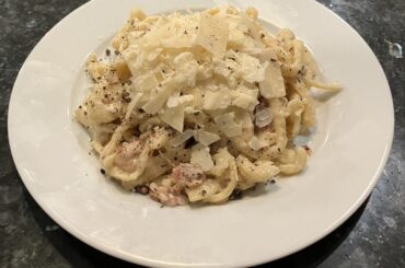 Homemade Pasta Alla Gricia with fresh linguine.
