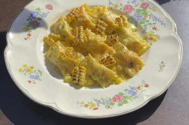 Spiced Wild Argentine Shrimp filled Agnolotti, corn done three ways, puréed, shucked, grilled. Finished with chives and dehydrated Poblano & Chipotle powder.