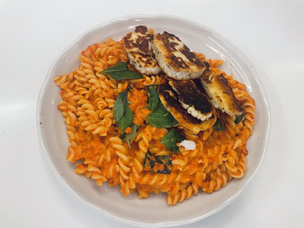 Roasted bell peppers sauce fusilli with Halloumi cheese