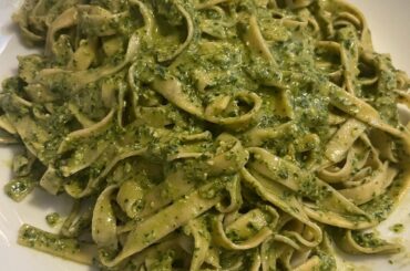 Homemade fettuccine and homemade pesto