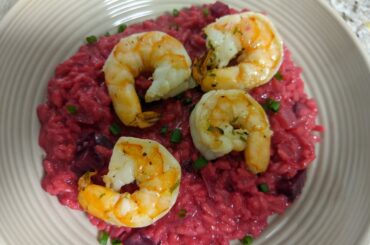 beet risotto with shrimp