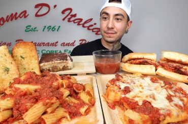 MUKBANG EATING Roma D'Italia Meat Sauce Rigatoni Pasta, Lasagna, Chicken Parmesan Sandwich, Tiramisu