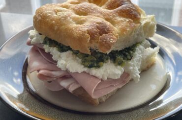 Focaccia, mortadella, ricotta, pistachio pesto