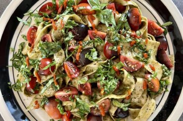 Garden pesto, topped with garden tomatoes and homemade hot sauce - this dish i why I have a garden