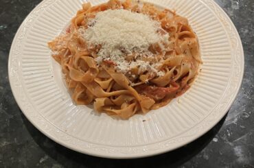 Tagliatelle with a homemade cherry tomato cream sauce.