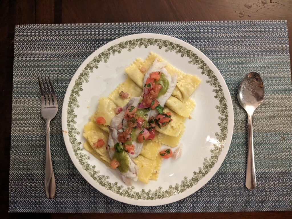 Corn and Ricotta Tortelli with Whiting and Salsa
