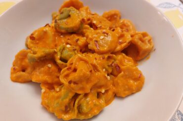 Store bought tortellini with red bell pepper sauce