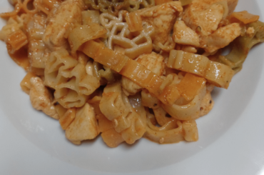 Zoo animal pasta with lemon pepper and paprika chicken, tossed with a brown butter sauce