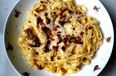Pumpkin and amaretti tagliatelle with toasted pine nuts, parmesan and sage