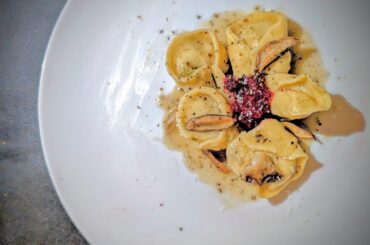 Thanksgiving dinner - Duck confit tortellini with shiitake mushrooms and fermented cranberry and blood orange jam