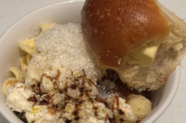 Italian sausage and shiitake sauce with orecchiette pasta, fresh mozzarella dressed with evoo, pepper, 15yr balsamic, and grated parmigiana reggiano with an otr roll with isigny spring butter