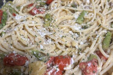 Bucatini with burrata and roasted vegetables