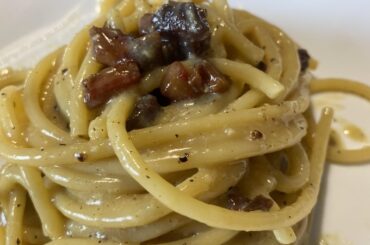 Carbonara bucatini and natural levain focaccia