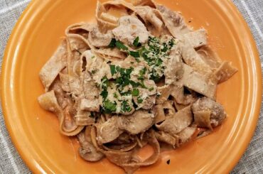 Pappardelle with cremini mushrooms in salsa di noci