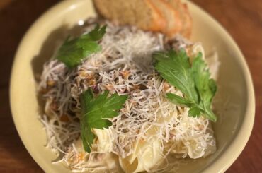 buddy killed a deer recently. got a little bit of venison from him. venison white bolognese, pappardelle, parm, celery leaves