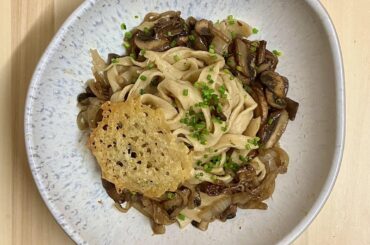 Black Garlic Tagliatelle with a Parmesan Crisp