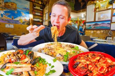 Italian Street Food in Naples!! SEAFOOD SPAGHETTI + Pizza in Naples, Italy!!