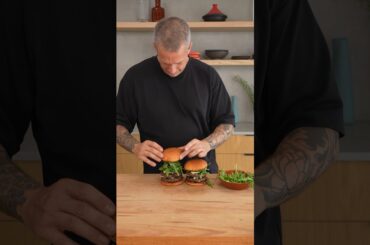 Few & Far Wagyu burger with caramelised onions, blue cheese and rocket