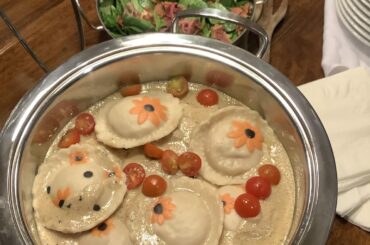 Playing with my food again. Pumpkin Pansotti in a white Pesto sauce.