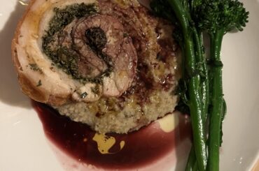 Porchetta, cannellini bean & shiitake puree, sautéed broccolini, red wine reduction