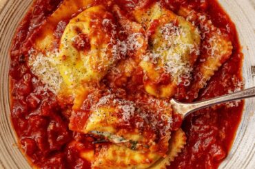 Homemade mushroom and spinach ravioli