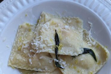 Four cheese ravioli in a brown butter sage sauce.